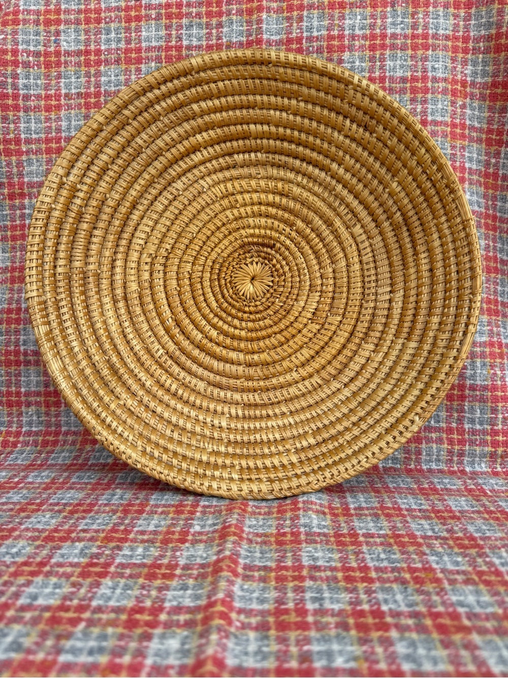Vintage coiled woven straw basket tray round boho wall decor